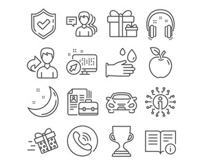 Set of Technical info, Vacancy and Headphones icons. Award cup, Present delivery and People signs. Rubber gloves, Car and Surprise package symbols. Documentation, Hiring job, Earphones. Vector