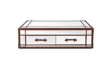 Mirrored coffee table with brown leather edges isolated on white background