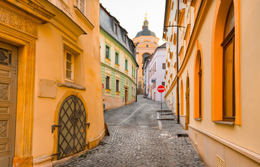 Narrow cobblestone street leading to the Chapel of St John Sarkander in the old town of Olomouc