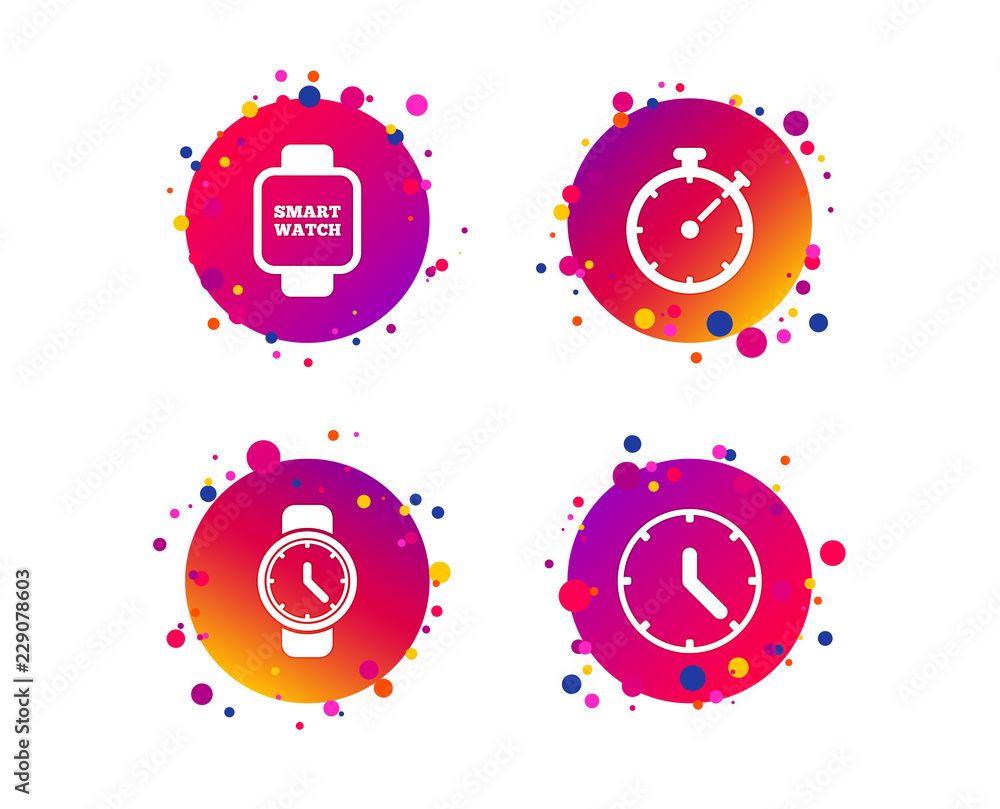 Poster smart watch icons. mechanical clock time, stopwatch timer symbols. wrist digital watch sign. gradien