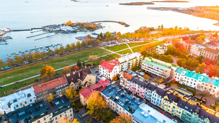 Aerial view of Helsinki city . sky and clouds and colorful buildings. Helsinki, Finland.