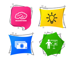 Presentation billboard, brainstorm icons. Cash money and lamp idea signs. Man standing with pointer. Scheme and Diagram symbol. Geometric colorful tags. Banners with flat icons. Trendy design. Vector