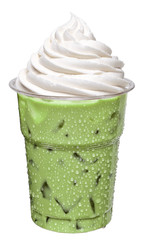 Green tea frappucino in takeaway cup isolated on white background