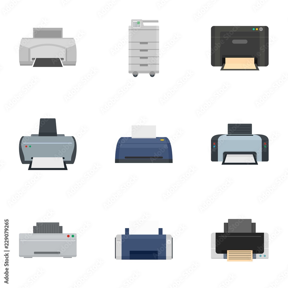 Poster office printer icon set. flat set of 9 office printer vector icons for web design