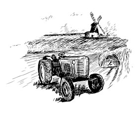 Old tractor with a rural scene in graphic style hand-drawn vector illustration.