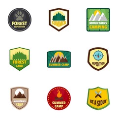 Camp expedition logo emblem set. Flat set of 9 camp expedition vector logo emblem for web design