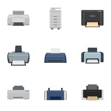 Office printer icon set. Flat set of 9 office printer vector icons for web design