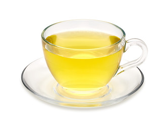 Green tea in cup with leaves on white background including clipping path