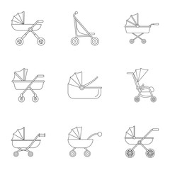 Pram stroller icon set. Outline set of 9 pram stroller vector icons for web design isolated on white background