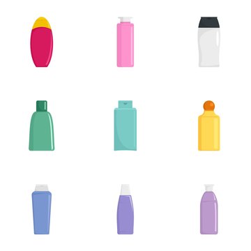 Spa cosmetic bottle icon set. Flat set of 9 spa cosmetic bottle vector icons for web design