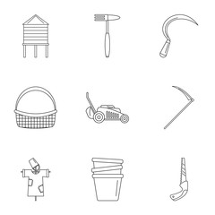 Garden tool icon set. Outline set of 9 garden tool vector icons for web design isolated on white background