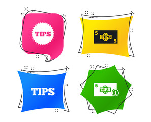 Tips icons. Cash with coin money symbol. Star sign. Geometric colorful tags. Banners with flat icons. Trendy design. Vector