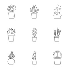 Cacti icon set. Outline set of 9 cacti vector icons for web design isolated on white background