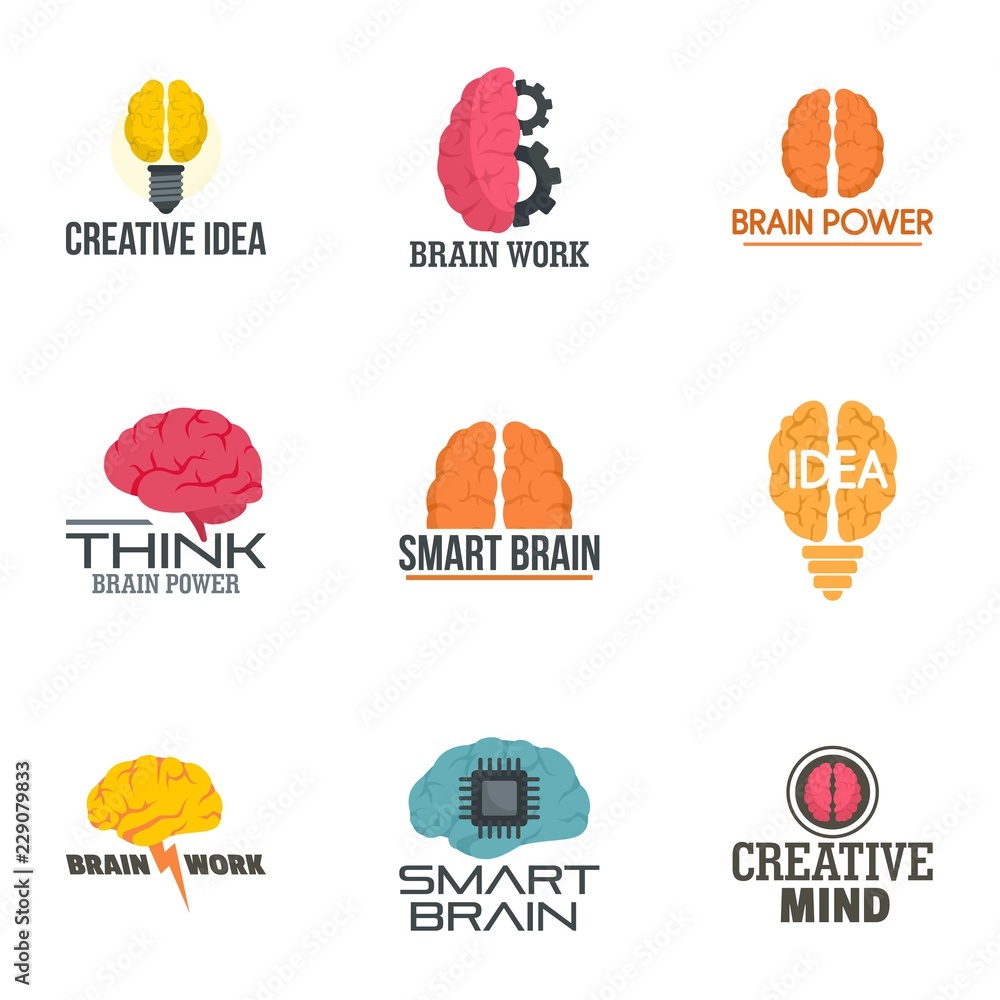 Poster brain idea logo set. flat set of 9 brain idea vector logo for web design