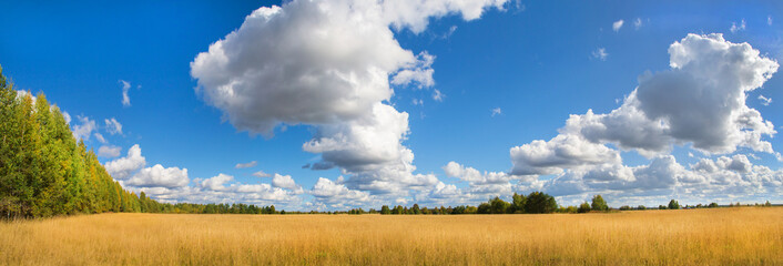 Beautiful autumn landscape with white clouds. Rural place