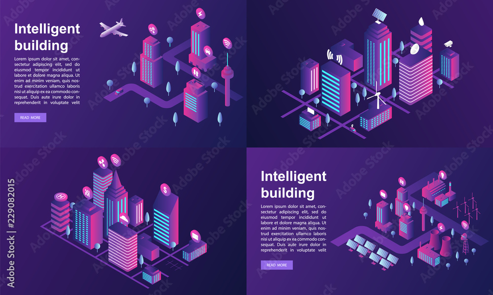 Poster intelligent building banner set. isometric set of intelligent building vector banner for web design