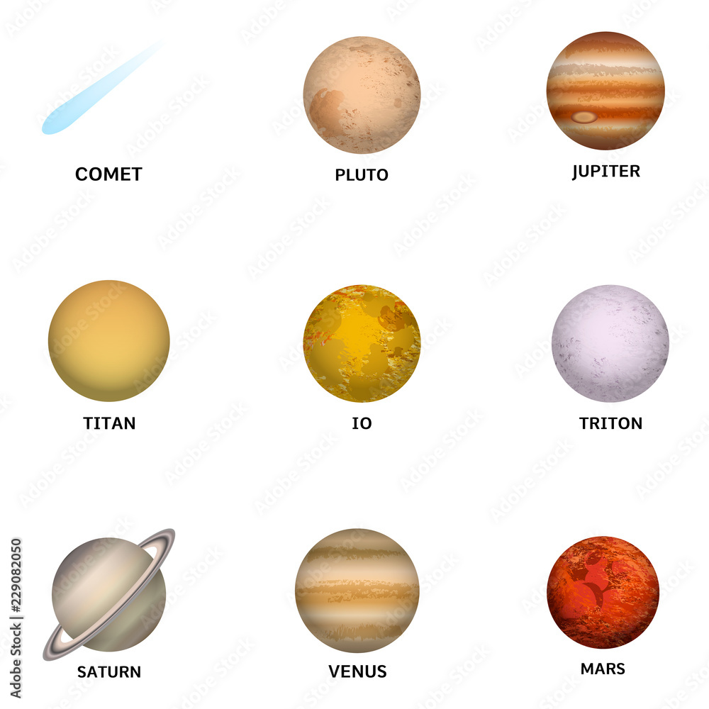 Poster universe planet icon set. realistic set of universe planet vector icons for web design isolated on w