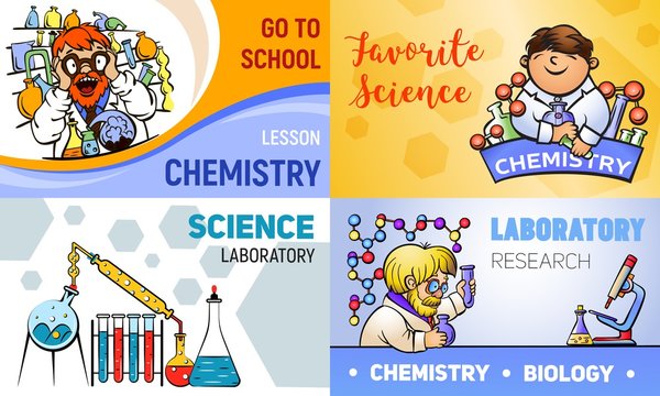 Chemistry banner set. Cartoon illustration of chemistry vector banner set for web design
