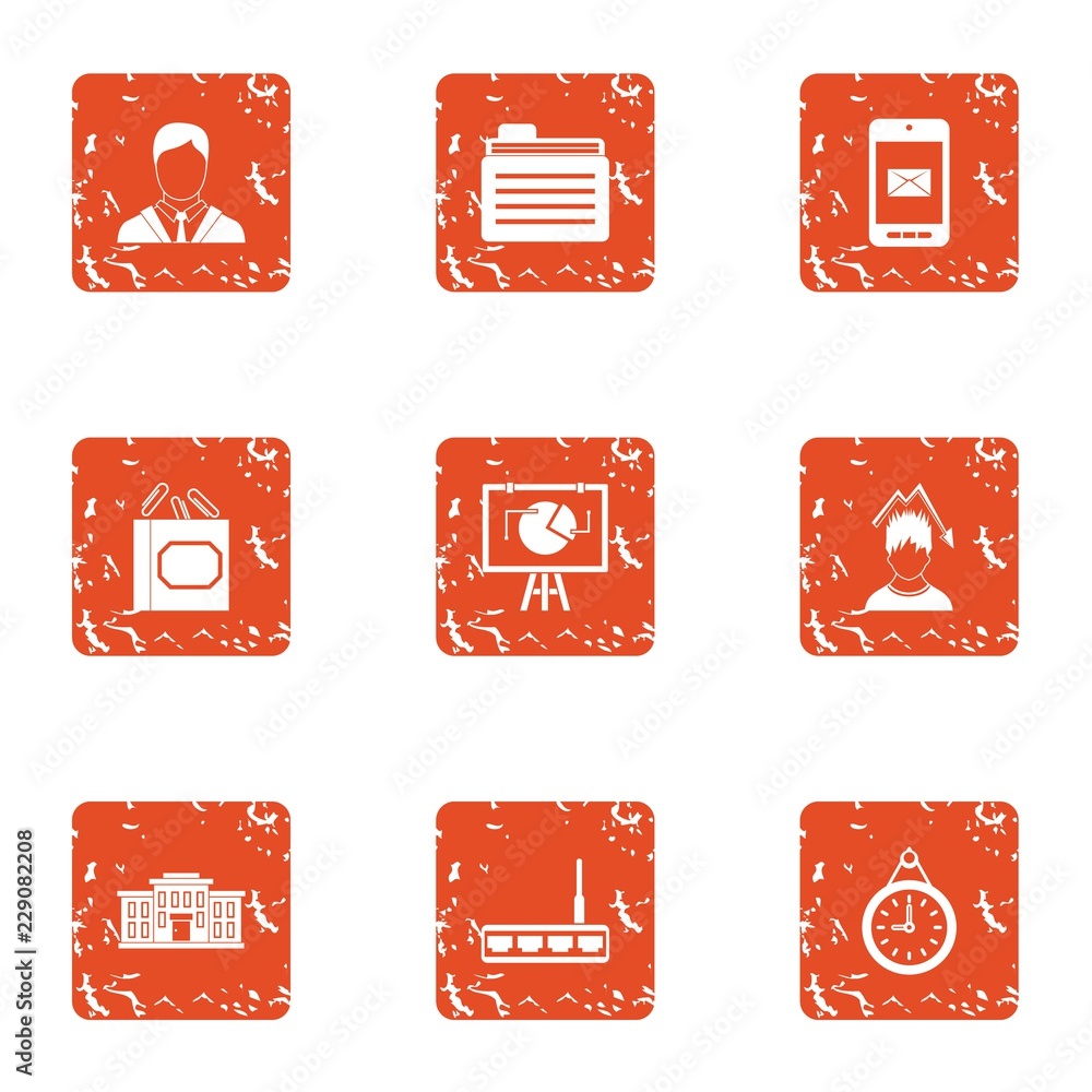 Poster decline of work icons set. grunge set of 9 decline of work vector icons for web isolated on white ba