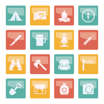 Tourism and hiking icons over colored background - vector icon set