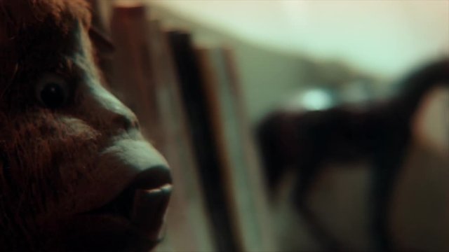 Scary monkey toy in front of books. Bible of chimpanzee and dark, horror atmosphere.