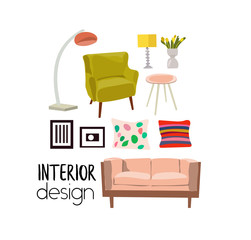 vector interior design elements. modern furniture living room. sofa, armchair. mood board. mid century modern style furniture. mood board. 