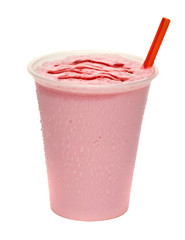 Strawberry or raspberry milkshake smoothie in take away cup isolate on white background