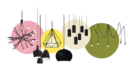 industrial style lamps collection. vector illustration. web site banner. online shop logo advert. interior design. loft style. designer decor