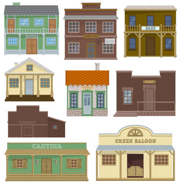 Saloon vector wild west housing building and western cowboys house or bar in street illustration wildly set of country landscape with architecture hotel store in town isolated on white background