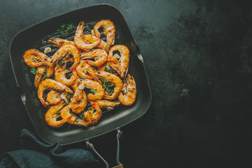 Roasted grilled shrimps on pan