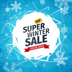 Winter Super Sale vector illustration. Best offer blue triangles business background with empty space template. Broken ice texture