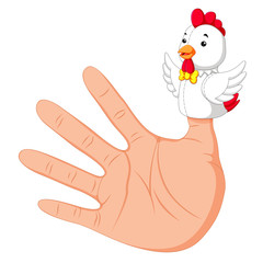 hand wearing a rooster finger puppet on thumb
