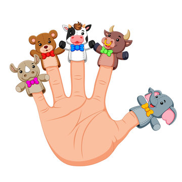 Hand wearing cute 5 finger puppets
