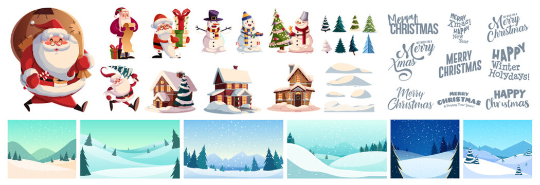 Christmas kit for creating postcards or posters. Included snow-covered houses, Santa Clauses, snowmen, Christmas trees, various snow drifts, lettering for headlines and backgrounds