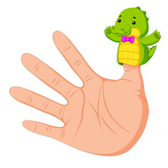 hand wearing a crocodile finger puppet on thumb