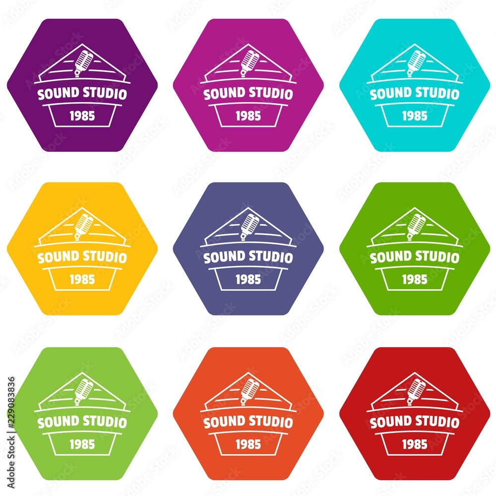 Poster sound studio icons 9 set coloful isolated on white for web