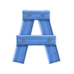 Letter A symbol in blue wood isolated on white