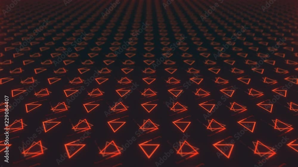 Poster abstract seamless dynamic background of red symmetrically rotating triangles with depth of field