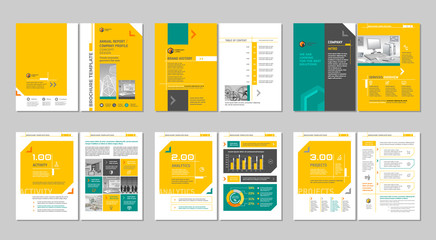 Brochure creative design. Multipurpose template with cover, back and inside pages. Trendy minimalist flat geometric design. Vertical a4 format.