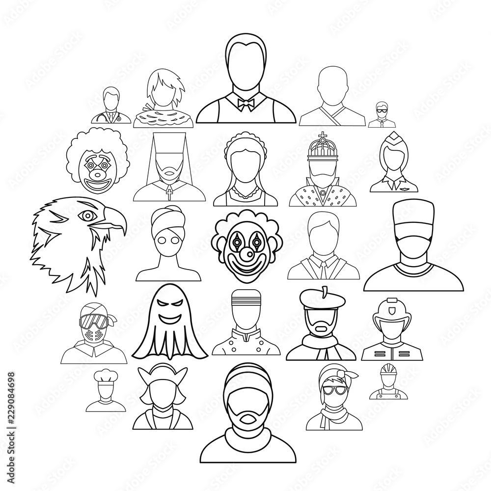 Poster personification icons set. outline set of 25 personification vector icons for web isolated on white 