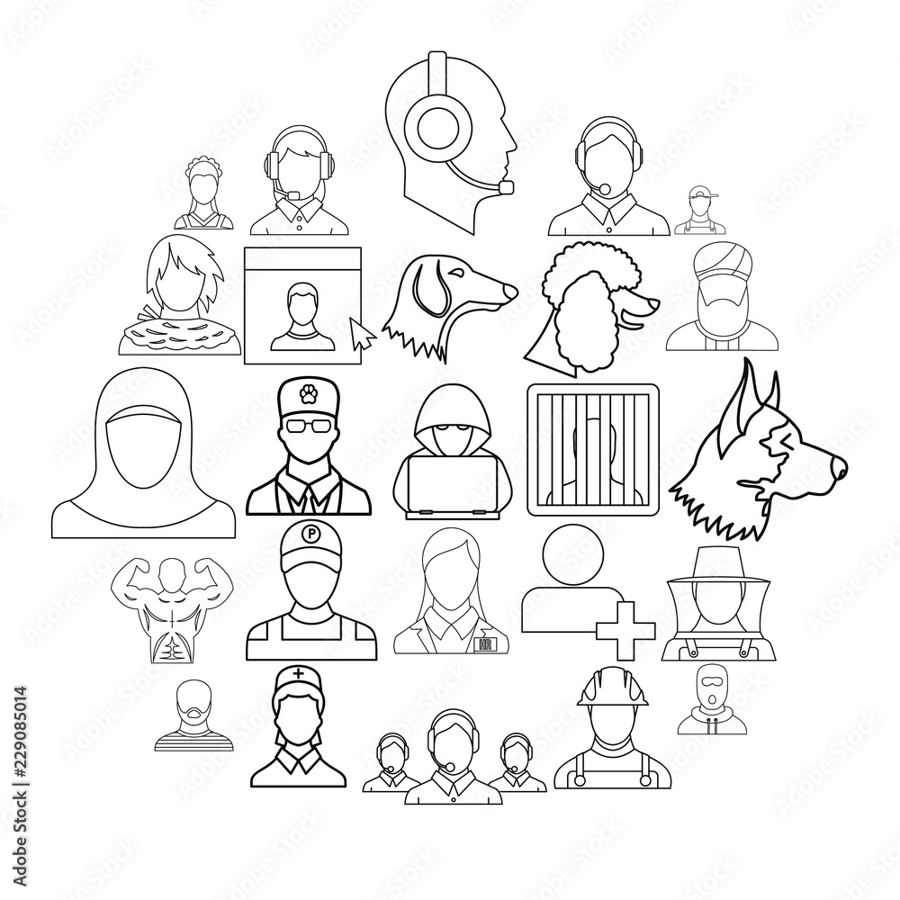 Poster character icons set. outline set of 25 character vector icons for web isolated on white background
