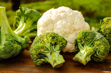 Broccoli cabbage in the garden on a wooden table.