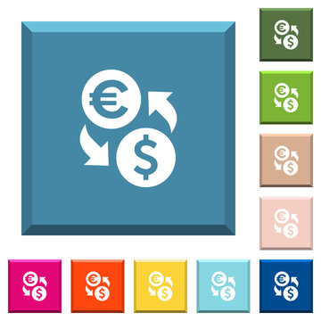 Dollar Euro money exchange white icons on edged square buttons