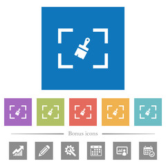 Camera sensor cleaning flat white icons in square backgrounds