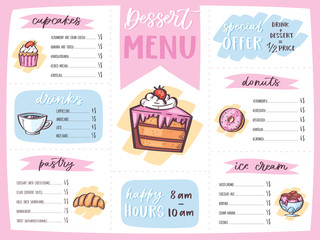 Menu dessert vector cafe design sweet food template chocolate cupcake and ice cream on restaurant poster illustration set of muffin doughnut on cafe banner isolated on white background
