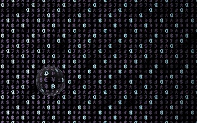 Bitcoin and currency on a dark background. Digital crypto symbol. Currency bubble, wave effect, market fluctuations. Business concept. 3D illustration