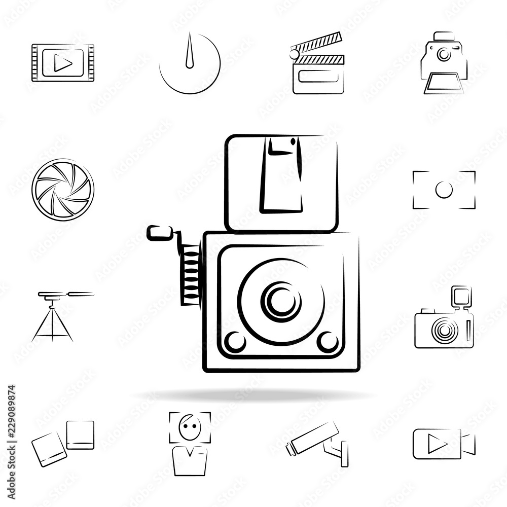 Poster old movie camera outine icon. photo and camera icons universal set for web and mobile