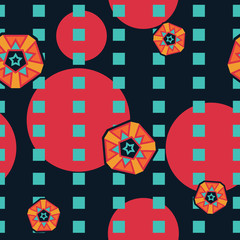 Vibrant retro 1970's colorful seamless vector pattern. Bright teal, orange, yellow, red and black. Circles, graphic pentagon shape with stars. For cards, invitations, gift wrapping paper and decor.