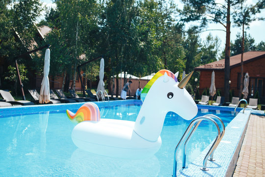Rainbow coloured inflatable unicorn floating in a swimming pool in the summer. White inflatable unicorn in the pool