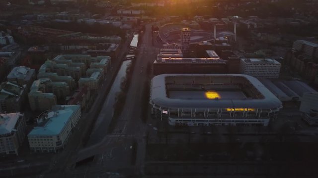 4k drone - Sunrise over the stadiums of Gothenburg, Sweden